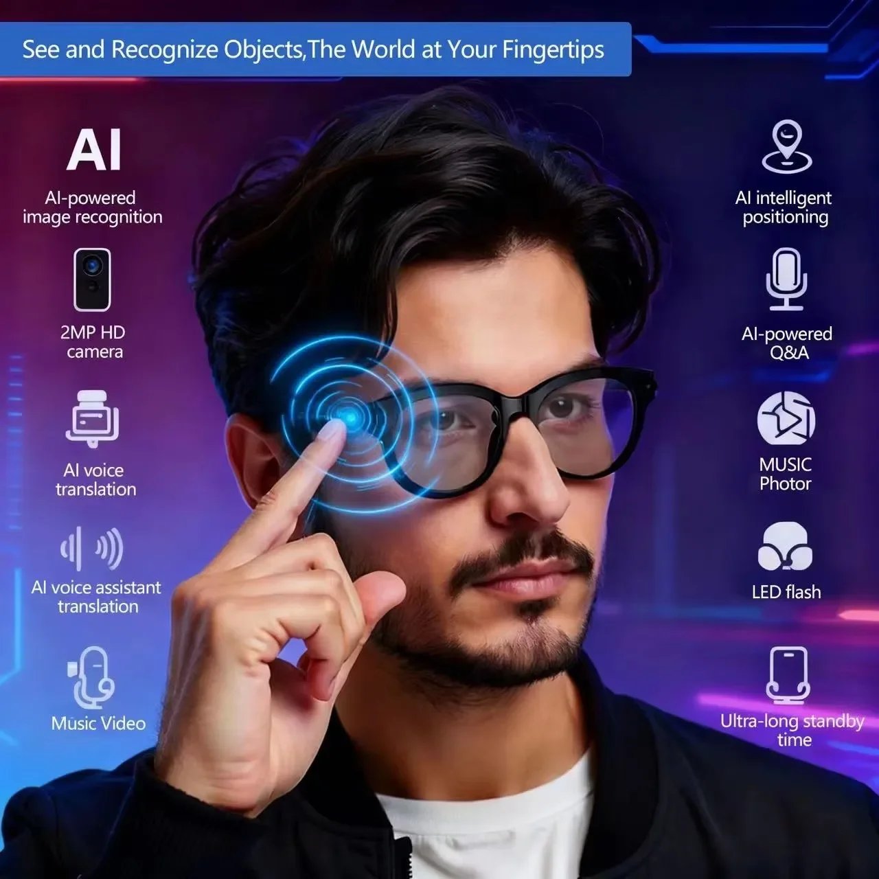 Audio Music Ai - แว่นตา AI สำหรับผู้ชาย พร้อมฟังก์ชันแปลภาษาแบบเรียลไทม์ กล้องในตัว ฟังก์ชันโทรผ่านบลูทูธ