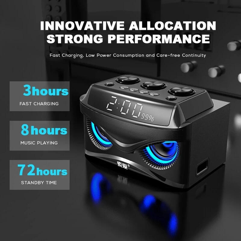 Audio Music Apple - กล่องเสียงลำโพงบลูทูธพกพาได้ซับวูฟเฟอร์ไร้สายอเนกประสงค์พร้อมเสียงเตือนและหน้าจอวิทยุ FM