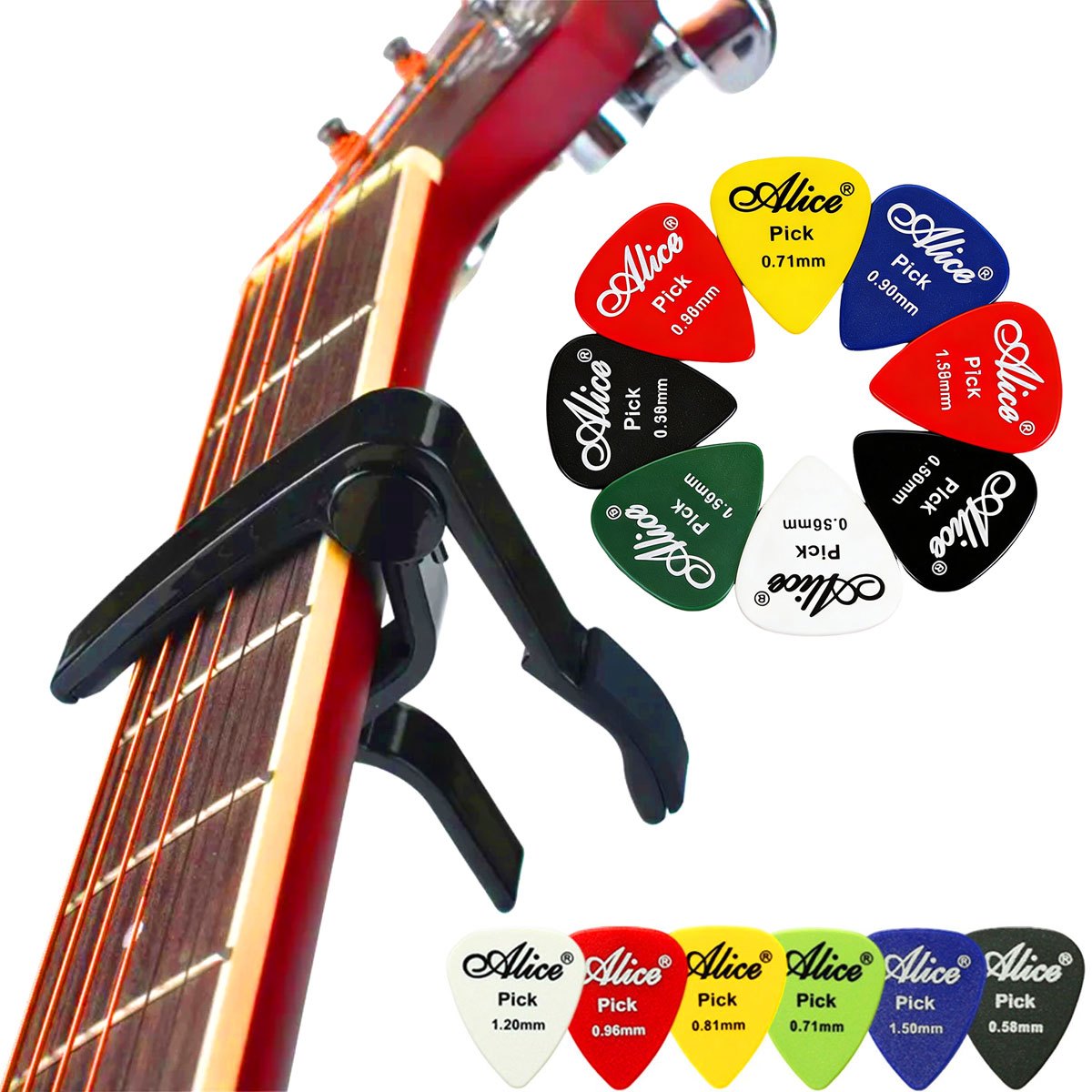 Guitar Capo Clip - คาโป้กีตาร์แบบเปลี่ยนเร็วโลหะผสมสีดำพร้อมปิ๊ก 6 ชิ้น - การควบคุมที่แม่นยำสำหรับกีตาร์อะคูสติกและไฟฟ้า ZSY